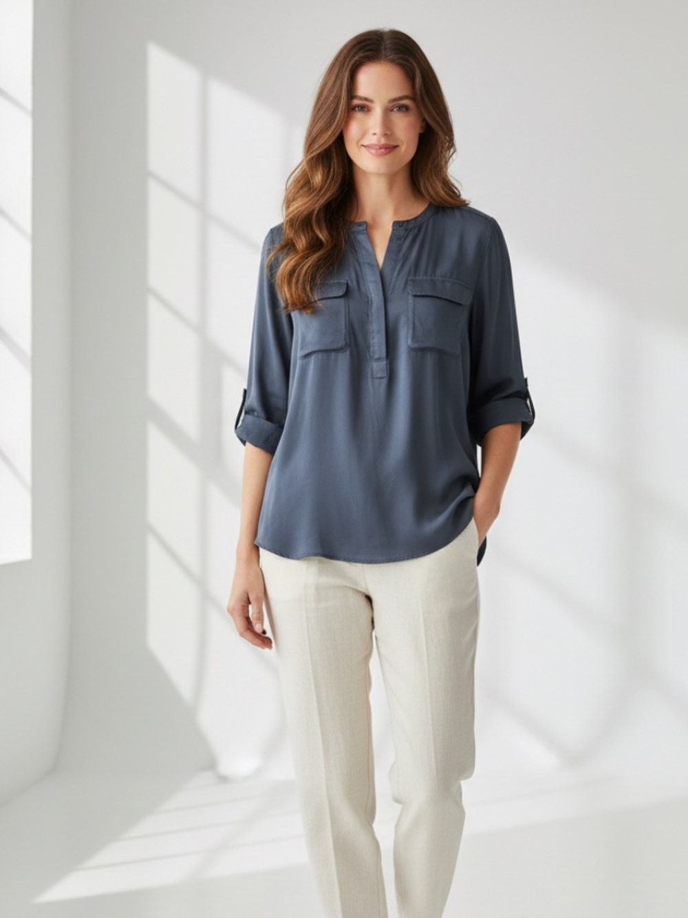 Dark blue, long sleeve or three-quarter sleeve shirt. Lg